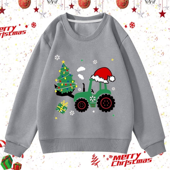 Weebloom Kids Christmas Crewneck Sweatshirt Cute Excavator Graphic Pullover Fall Winter Tops Boy Girl Xmas Sweatshirt Grey