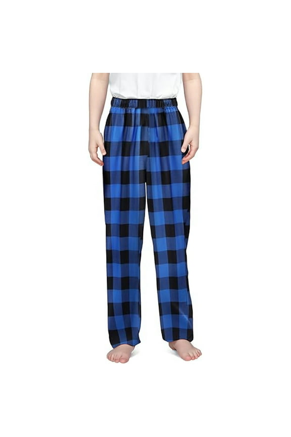Kids Christmas Pajamas Pants For Boys Girls Children Casual Plaid Loose Elastic Waist Long Trousers Sleepwear Blue 4-5 Years