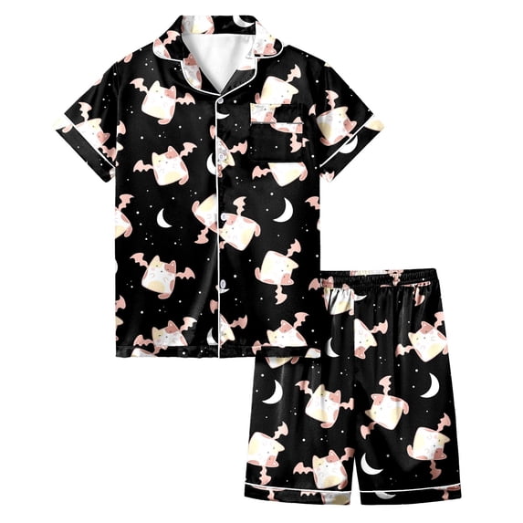 Weebloom Kids Girl'S Pajama Sets Silk Satin Cat Graphic Short Sleeve Button Up Shirts And Shorts Summer Fall 2 Piece Set Pjs Sleepwear