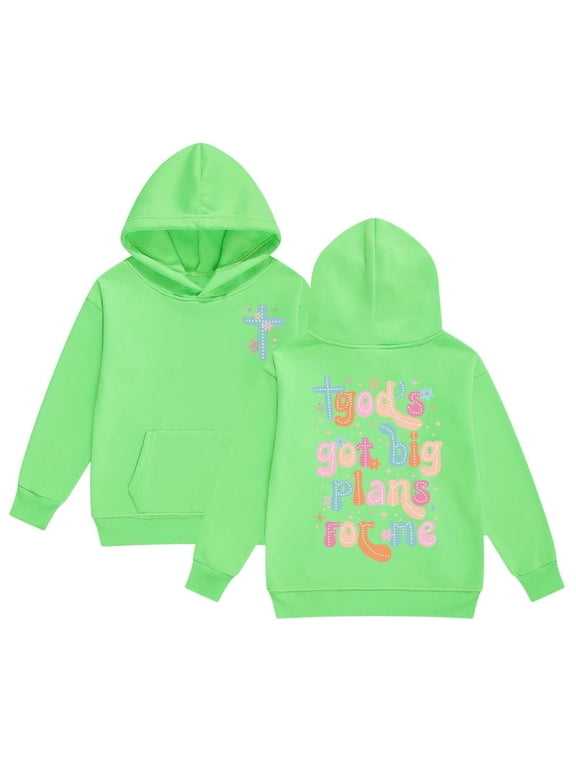 Kids Girls Hoodie Jesus Letter Long Sleeve Pocket Hoodie Jacket Sweatshirts,Light Green 3-4 Years
