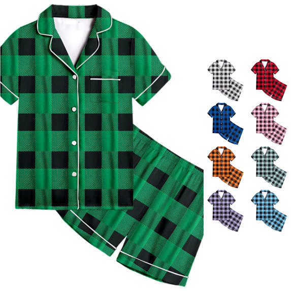 Weebloom Kids Girls Pajamas Boys Pattern Printed Short Sleeve Button Down Pajamas Shorts Set Outfits Sleepwear Nightwear Pjs Loungewear Green 8-9 Years