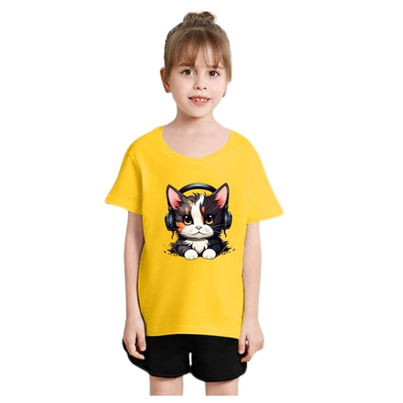 Weebloom Kids Girls Shirts Kid Cute Cat Fashion Printed Round Neck Short Sleeve Tee Summer Soft Loose Tops For Toddler Youth Teen T-Shirts 2-14 Years