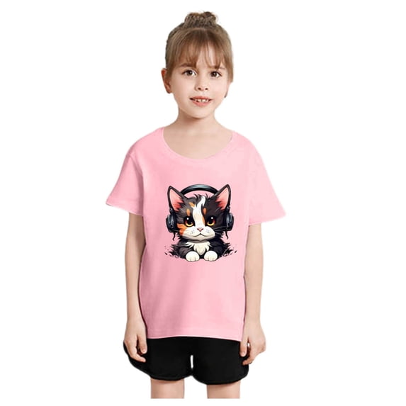 Weebloom Kids Girls T Shirt Kid Cute Cat Fashion Printed Round Neck Short Sleeve Tee Summer Soft Loose Tops For Toddler Youth Teen Shirts 2-14 Years