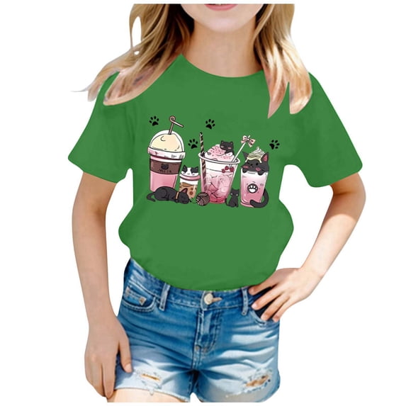 Weebloom Kids Girls T Shirts Kid Cute Cat Fashion Printed Round Neck Short Sleeve Tee Summer Comfortable Casual Loose Tops For Toddler Youth T Shirt 2-14 Years