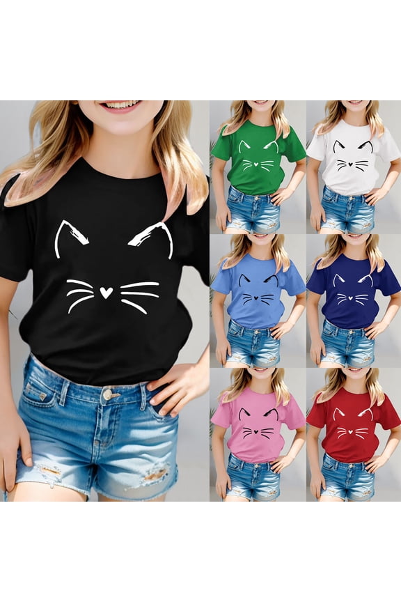 Kids Girls Tshirts Boys Cat Prints Short Sleeve Cat Prints Tops Clothes Tees For Toddler Youth Teen Shirts 3-12 Years