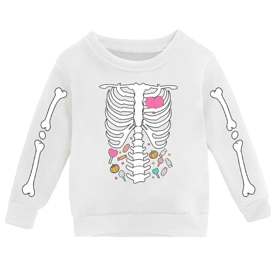Weebloom Kids Halloween Crewneck Sweatshirt Skeleton Pullover Autumn Winter Tops Boys Girls Holiday Sweatshirt White