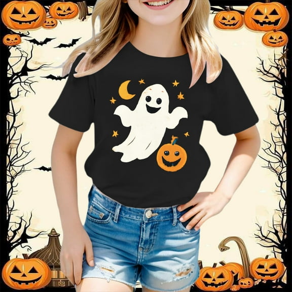 Weebloom Kids Halloween Shirts Boys Girls Pumpkin Short Sleeve Tee Shirt Casual Fashion Base Layer Comfortable Lovely Outwear Black 4-5 Years