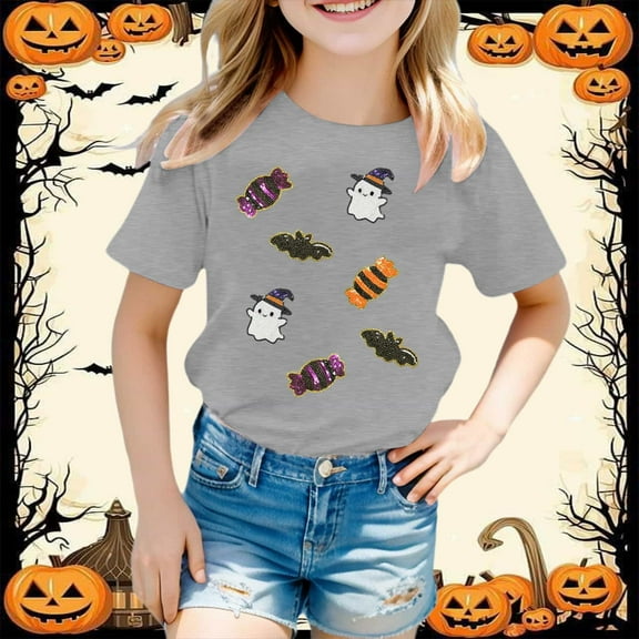 Weebloom Kids Halloween T Shirts Pumpkin Graphic Tee Short Sleeve Shirt Casual Tops Base Layer Fashionable T Shirt Leisure Dailywear Grey 5-6 Years