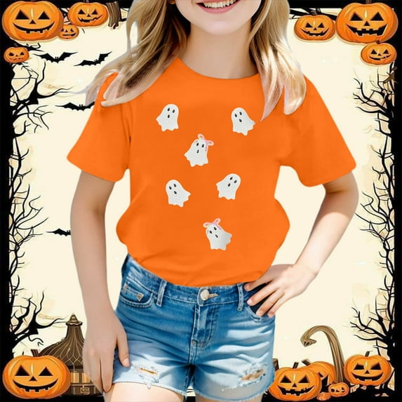 Weebloom Kids Halloween T Shirts Pumpkin Print Short Sleeve Tees Comfortable Casual Shirt Youth Fashion Basic Tee Cute Dailywear Orange 5-6 Years
