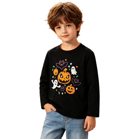 Weebloom Kids Halloween Tee Shirts For Boy Girl Cute Pumpkin Graphic Funny Long Sleeve Fall Tops Spooky Season Tees Toddler Clothes,Size 1-7 Y
