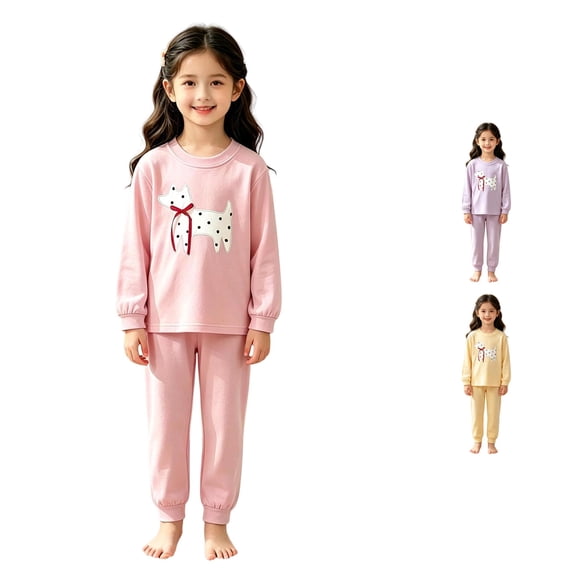 Weebloom Kids Pajamas Little Girls Long Sleeve Top With Pants Cute Polka Puppy Print Two Piece Outfit Toddler Kids Sleepwear Nightwear Pjs Loungewear Pink 6-7 Years