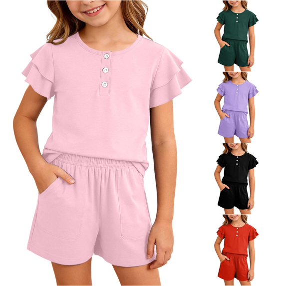 Weebloom Kids Pajamas Girls Summer Two Piece Outfit Ruffled Short Sleeved Button Down Shirt And Shorts Tween Sleepwear Nightwear Pjs Loungewear Pink 11-12 Years