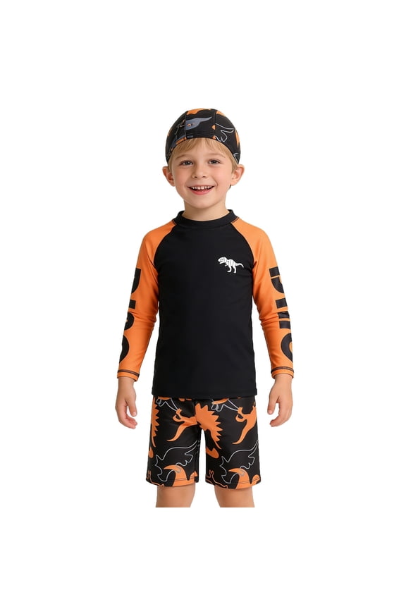 Kids Toddler Boy Swimsuit Dinosaur Long Sleeve Rash Guard Swim Shirt Trunks Upf 50 Sun Bathing Suit For Beach Pool Boys Swimsuits Orange 3-4 Years