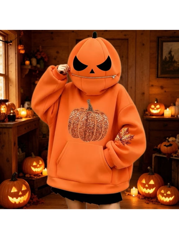 Kids Tween Zip Up Halloween Hoodie Fleece Jacket With Pockets Pumpkin Sequin Oversized Fall Winter Season Tops Boy Girl Party Coats Orange