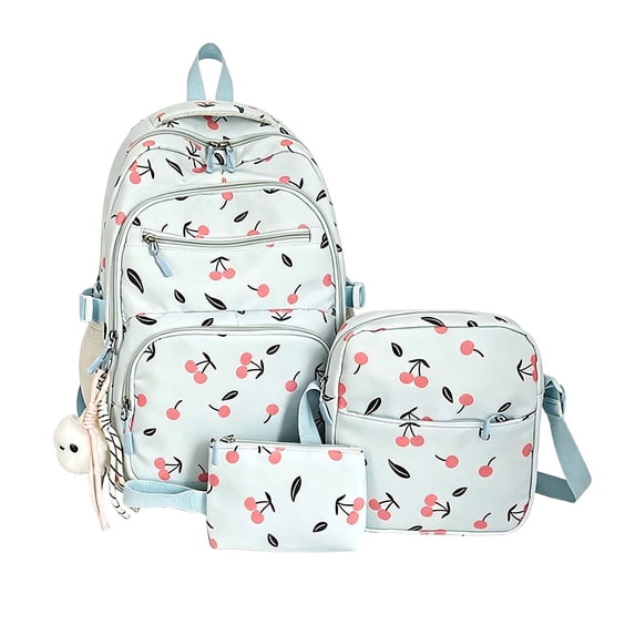 Weebloom Large School Backpack For Kids Girls Cute 3Pcs School Bags Set Adorable Cherry Printed Bookbag Middle High School College Blue