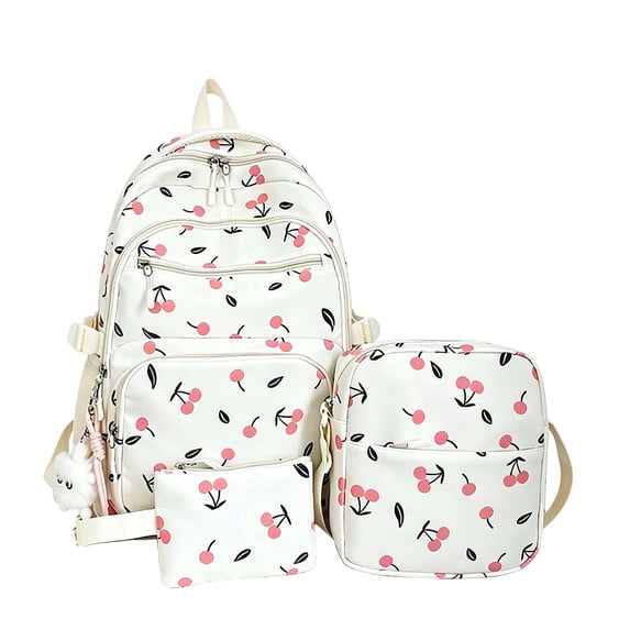 Weebloom Large School Backpack For Kids Girls Cute 3Pcs School Bags Set Adorable Cherry Printed Bookbag Middle High School College White