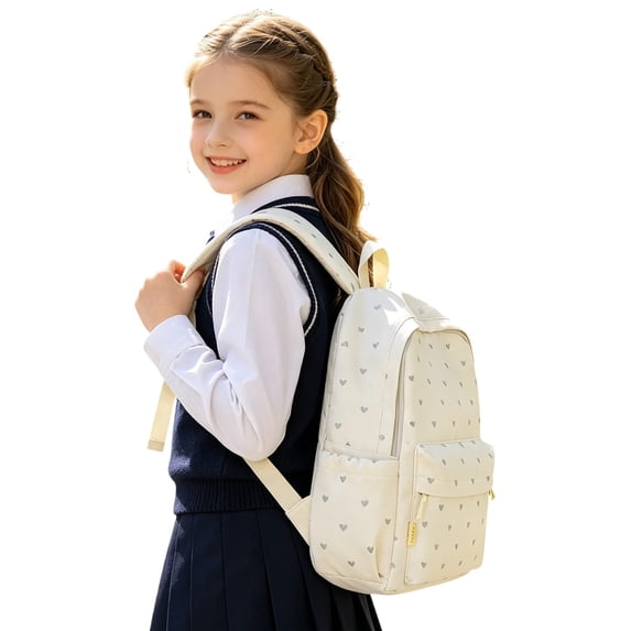 Weebloom Large School Backpack For Kids Girls Cute Heart Print Daily Large Capacity Backpack Bookbag Middle High School College White