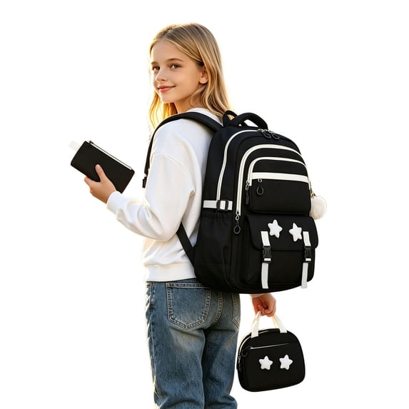 Weebloom Large School Backpack With Lunch Box Pencil Case For Kids Boys Girls Cute 3Pcs School Bags Set Daypack Bookbag Elementary Middle High School Black