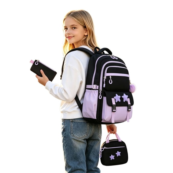 Weebloom Large School Backpack With Lunch Box Pencil Case For Kids Boys Girls Cute 3Pcs School Bags Set Daypack Bookbag Elementary Middle High School Purple