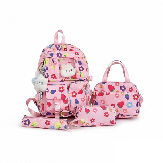 Weebloom Large School Backpack With Lunch Box Pencil Case For Kids Girls Cute 4Pcs Floral School Bags Set Cartoon Lightweight Travel Daypack Cute Bookbag Middle High School College Pink