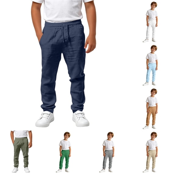 Weebloom Little Boy Cotton Linen Pants Uniform Dress Pants Casual Trousers Elastic Waist Soft Blend Flat Front Design And School Beach Pants With Pockets Navy 5-6 Years
