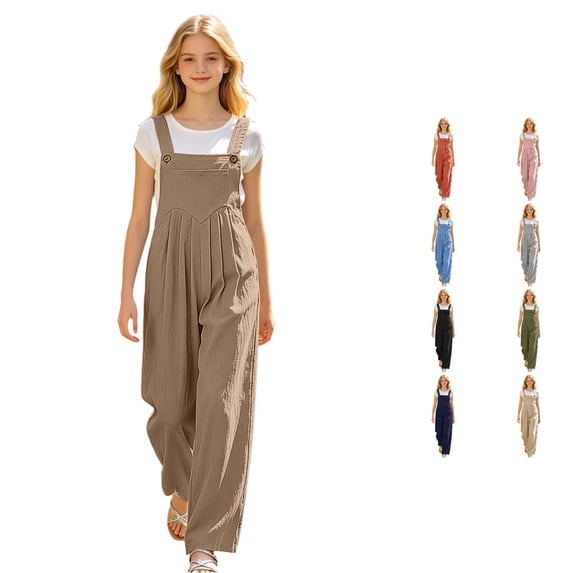 Weebloom Little Girl Overalls Kids Jumpsuit Casual Long Pants Mid Waist Solid Color Cotton Overalls Trousers For Daily Wear Brown 6-7 Years