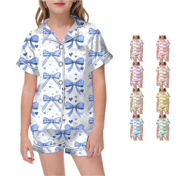 Weebloom Little Girl Pajamas Cute Bow Printed Pajamas Short Sleeved Button Tops Shorts Home Pajamas Set Sleepwear Nightwear Pjs Loungewear Blue 6-7 Years
