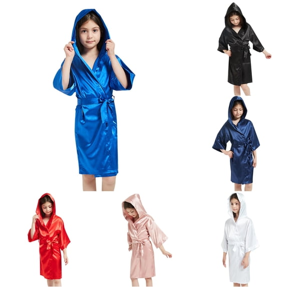 Weebloom Little Girl Pajamas Toddler Kids Boys Silk Satin Hooded Bathrobe Kimono Robes Nightgown Clothes Sleepwear Nightwear Pjs Loungewear Blue 6-7 Years