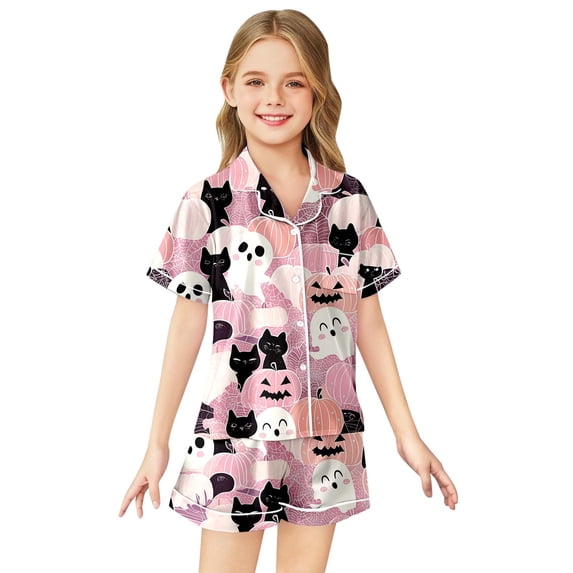 Weebloom Little Girl'S Halloween Pajama Sets Silk Satin Cat Graphic Short Sleeve Button Up Shirts And Shorts Summer Fall 2 Piece Set Pjs Sleepwear
