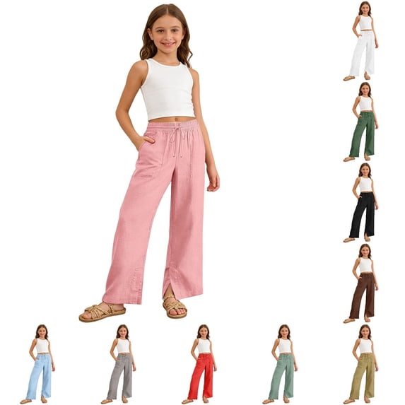 Weebloom Little Girl Wide Leg Pants Uniform Dress Pants Cotton Linen Casual Pants Soft Stretch Trousers With Elastic Waist Beach Pants For Kids With Pockets Pink 7-8 Years