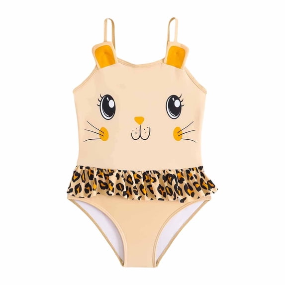 Weebloom Little Girls One Piece Swimsuit Cat Print Cute Ruffle Bathing For Toddler Kids Swimwear Swimming Suit Beach Pool Wear Yellow 5-6 Years