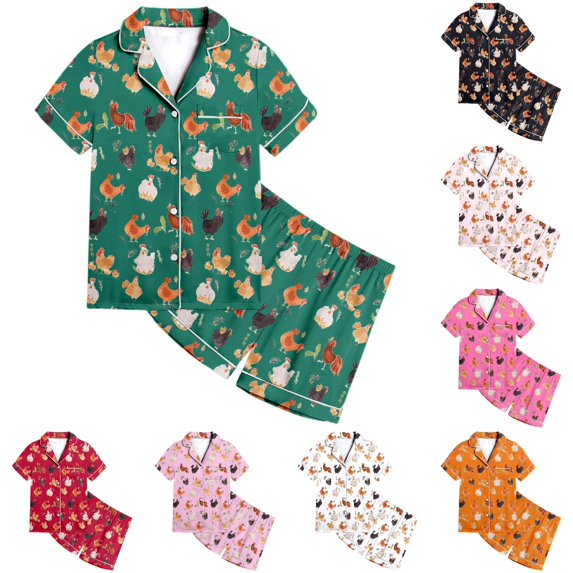 Weebloom Little Girls Pajamas Animal Chicken Pattern Kids Boys Pattern Printed Short Sleeve Button Down Pajamas Shorts Set Outfits Sleepwear Nightwear Pjs Loungewear Green 6-7 Years