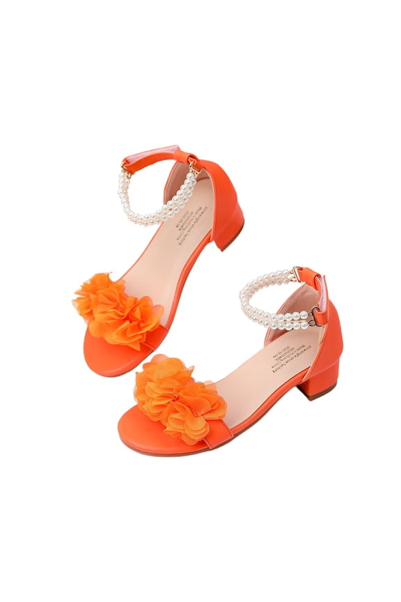 Little Girls Sandals With Pearl Elegant Toe Loop Heeled Sandals Stylish Party Footwear Summer Shoes Beach Walking Sandals