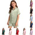 thumbnail image 1 of Weebloom Little Girls Summer Pajamas Cool Summer Outfits Kids Soft Short Sleeve Button Down Tops And Shorts And Boys And Home Wear Sleepwear Nightwear Pjs Loungewear Light Green 5-6 Years, 1 of 4