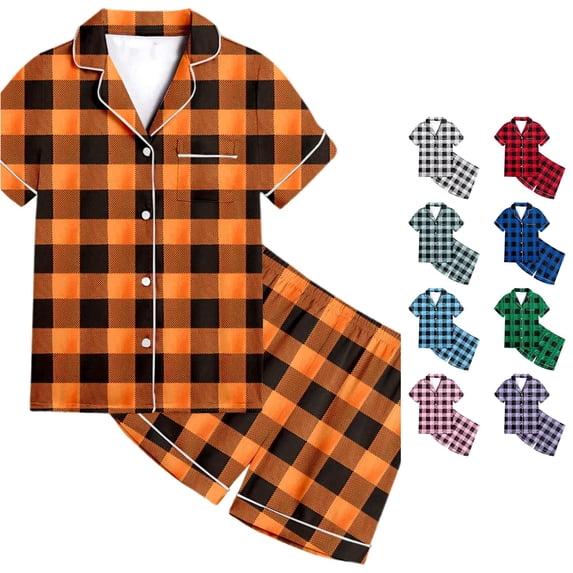 Weebloom Little Girls Summer Pajamas Kids Boys Pattern Printed Short Sleeve Button Down Pajamas Shorts Set Outfits Sleepwear Nightwear Pjs Loungewear Orange 6-7 Years