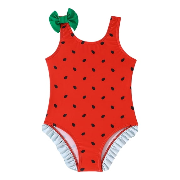 Weebloom Little Girls Swimsuit One Piece Adorable Swimwear Cute Bow Print Swimwear Bathing Suit Beach Pool Wear Red 7-8 Years