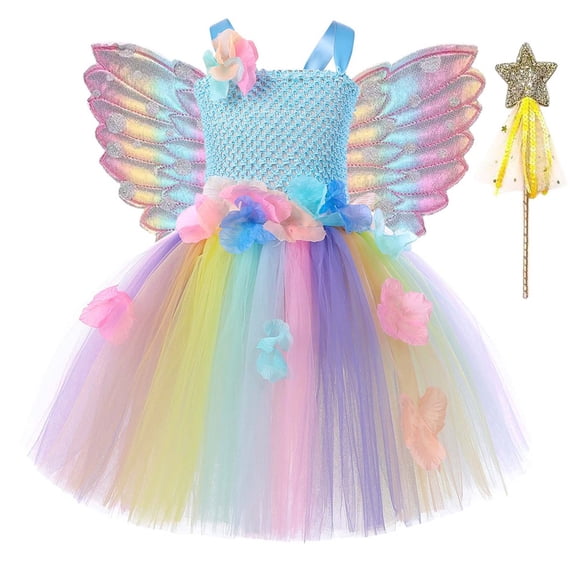 Weebloom Little Girls Tutu Skirts Toddler Girls Sleeveless Suspenders Dance Party Dresses Clothes Wand Headband Wing Set Sky Blue 7-8 Years