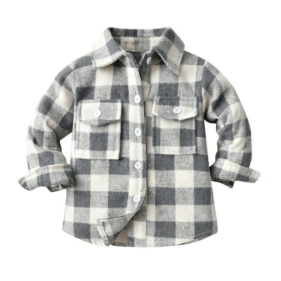 Weebloom Long Sleeve Shirts For Boys Kids Flannel Shirt Jacket Plaid Lapel Button Down Girls Pockets Shirt Tops Coat Stylish Outwear Grey
