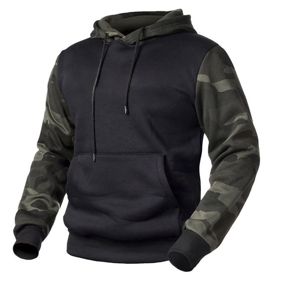 Weebloom Mens Sweatshirts Autumn Winter Camouflage Stitching Long Sleeved Casual Hooded Sweater Tops Sweatshirt for Men Black Xxl