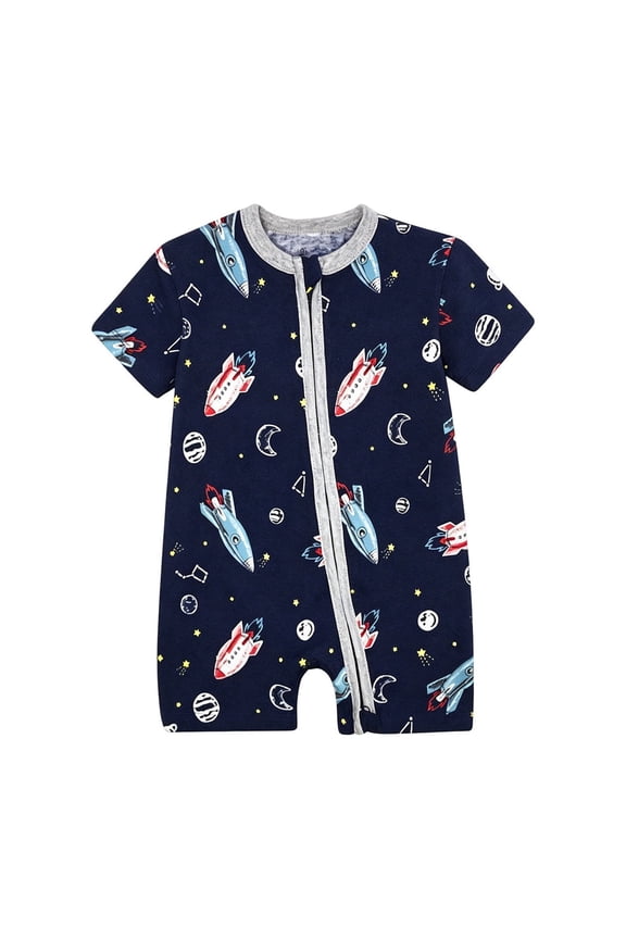 Boy Girl Outfits Footless Pajamas Zip Up Short Sleeve Romper Jumpsuit Toddler Bodysuit Soft Summer Sleepers Pjs Onesies Clothes Set Dark Blue 6-9 Months