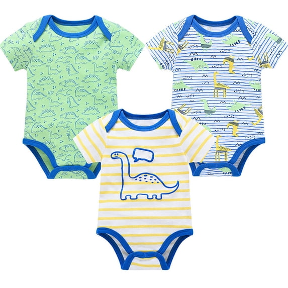 Weebloom Newborn Outfits Baby Boy,3 Pack Infant Short Sleeve Cartoon Print Blend Bodysuits Soft Comfy Pyjamas Baby Girl Romper,3-6 Months