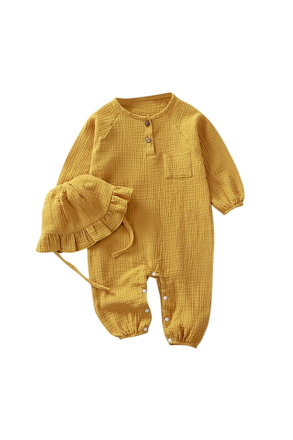 Newborn Outfits Baby Boy Infant Linen Long Sleeve Rompers Button Down Clothes With Ruffled Bonnet Hat Loungewear 12-18 Months Yellow