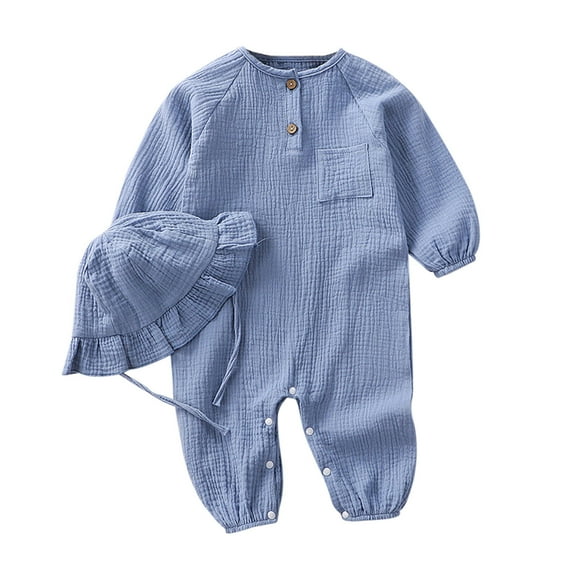 Weebloom Onesies Baby Boy Infant Linen Long Sleeve Rompers Button Down Clothes With Ruffled Bonnet Hat Sleepwear 0-3 Months Blue