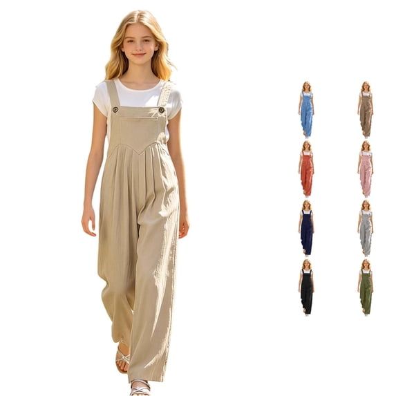 Weebloom Overalls For Teen Girls Kids Jumpsuit Casual Long Pants Mid Waist Solid Color Cotton Overalls Trousers For Daily Wear Khaki 10-11 Years