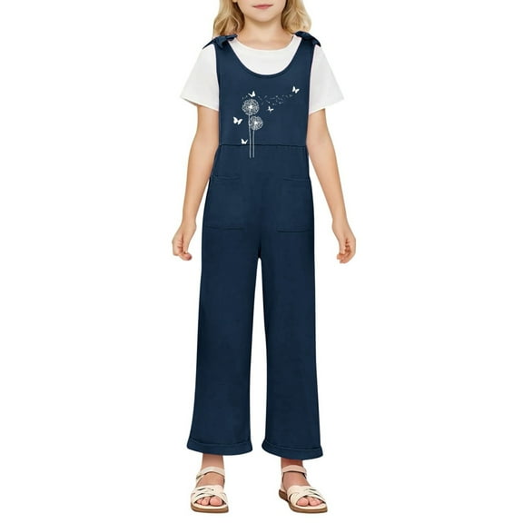 Weebloom Overalls for Girls Outdoor Casual School With Round Neck Design Ages 5-14 Comfortable and Stylish With Pockets Girls' Jumpsuits Rompers Navy 5-6 Years