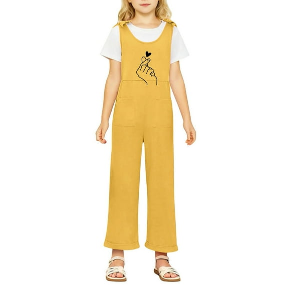 Weebloom Overalls for Girls Outdoor Casual School With Round Neck Design Ages 5-14 Comfortable and Stylish With Pockets Girls' Jumpsuits Rompers Yellow 5-6 Years