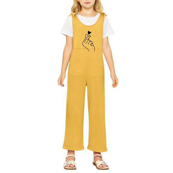 Weebloom Overalls for Girls Outdoor Casual School With Round Neck Design Ages 5-14 Comfortable and Stylish With Pockets Girls' Jumpsuits Rompers Yellow 9-10 Years