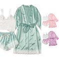 thumbnail image 1 of Weebloom Pajama Women Silk Satin Pajamas Set 3Pcs Floral Lace With Robe Sleepwear Nightwear Pjs Loungewear Mint Green S, 1 of 4