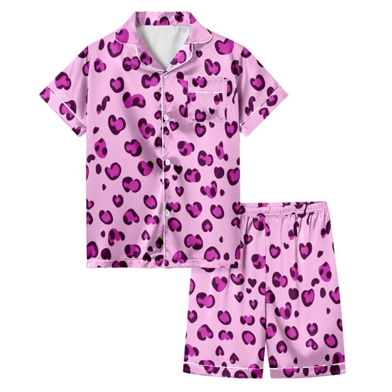 Weebloom Pajamas For Toddler Girl Silk Satin Leopard Short Sleeve Button Up Tops And Shorts Summer Fall 2 Piece Set Pjs Sleepwear