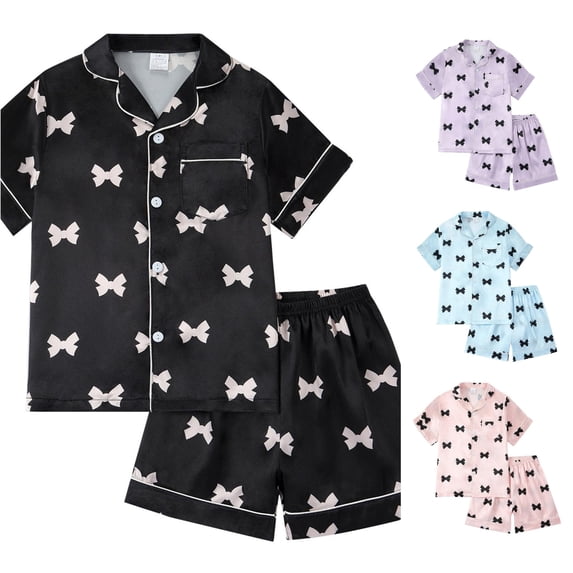 Weebloom Pajamas For Little Girls Cute Bow Satin Pajama Short Sleeve Button Down Tops And Shorts Silk Kids Outfit Sleepwear Nightwear Pjs Loungewear Black 5-6Years